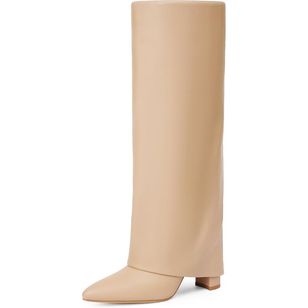 Women's Nude Modatope Knee High Fold Over Chunky Heels Zipper Tall Boots